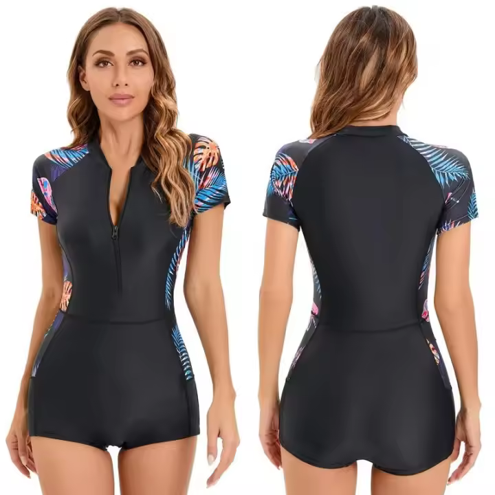Traje de baño de manga corta para mujer, traje de baño de neopreno con estampado floral y cremallera para surf, buceo, natación - 1