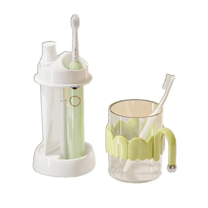 Soporte para cepillo de dientes ajustable a prueba de polvo, juego de soporte para cepillo de dientes de plástico que ahorra espacio con taza para enjuague bucal - 1