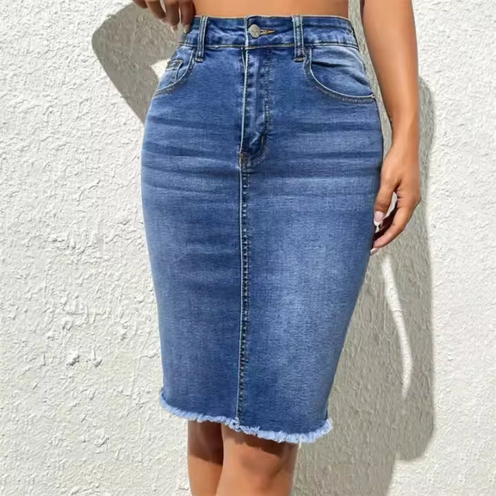 Falda Vaquera de Cintura Alta para Mujer Decoración de Borlas, Dobladillo Envolvente en la Caderal, Vestido de Medio Cuerpo para el Verano - 1