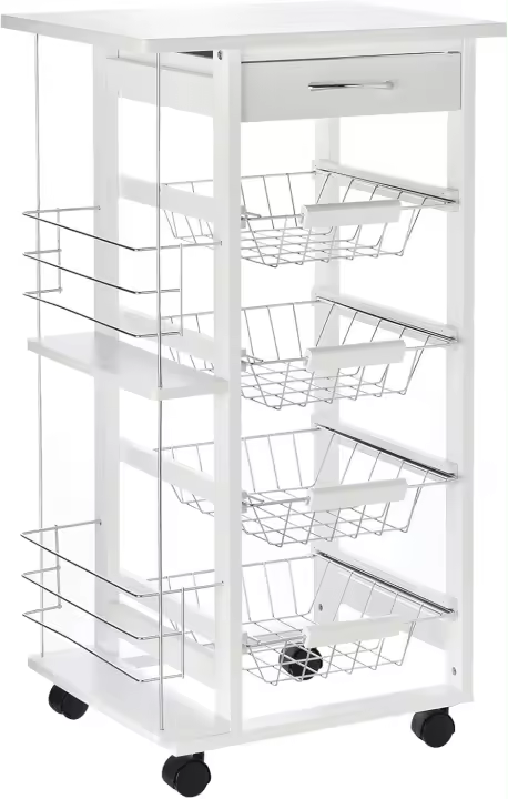 Carrito de cocina con ruedas, carrito multiusos con cajón, 4 cestas extraíbles de metal y laterales, 47x37x83 cm, blanco - 1