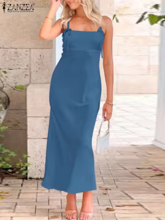ZANZEA-vestido elegante de playa para mujer, vestido de tirantes finos para mujer, vestidos de fiesta elegantes, vestido veraniego de satén liso 2025 - 1