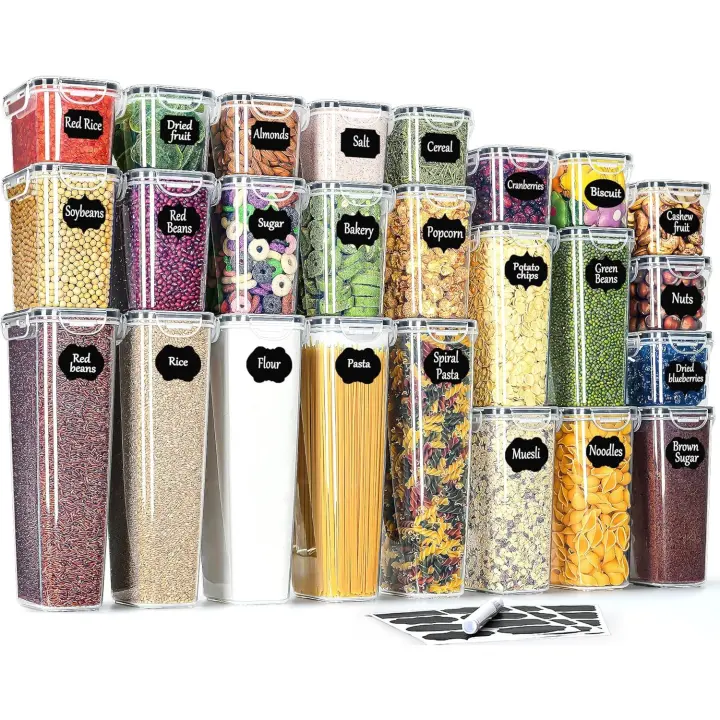 Botes Cocina Almacenaje 25 Piezas: Recipientes Herméticos para Alimentos |   Recipientes de plástico para alimentos para cereales, pasta, granos, harina |   Sin BPA |   Apto para lavavajillas - 1