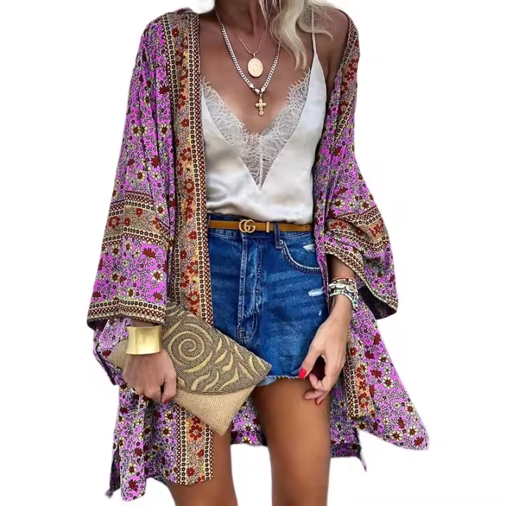 Vestido de Playa Boho a Floral Top de Vestir Sheer con Mangas Largas Traje de Baño Chic para Mujeres - 1