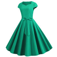 Vestido de fiesta de verano para mujer con cuello cuadrado sólido y cinturón - details 25
