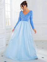Elegante Vestido de Terciopelo con Lentejuelas Cuello en V, Manga Larga, Red de Cetín, Azul Cielo y Rosa, Perfecto para Fiestas - details 8