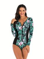 Traje de baño de una pieza con estampado de hojas florales, manga larga, cierre de cremallera en el cuello redondo, traje de baño - details 2