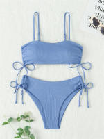 Bikini negro liso para mujer, traje de baño de dos piezas con Tanga de cintura alta y ribetes, 2024 - details 16