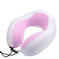 Almohada de algodón con memoria para el cuello en forma de U con pequeñas rayas de celosía, pequeña y ligera, adecuada para viajes, colchón de aire suave y cómodo, 1 color aleatorio - details 0