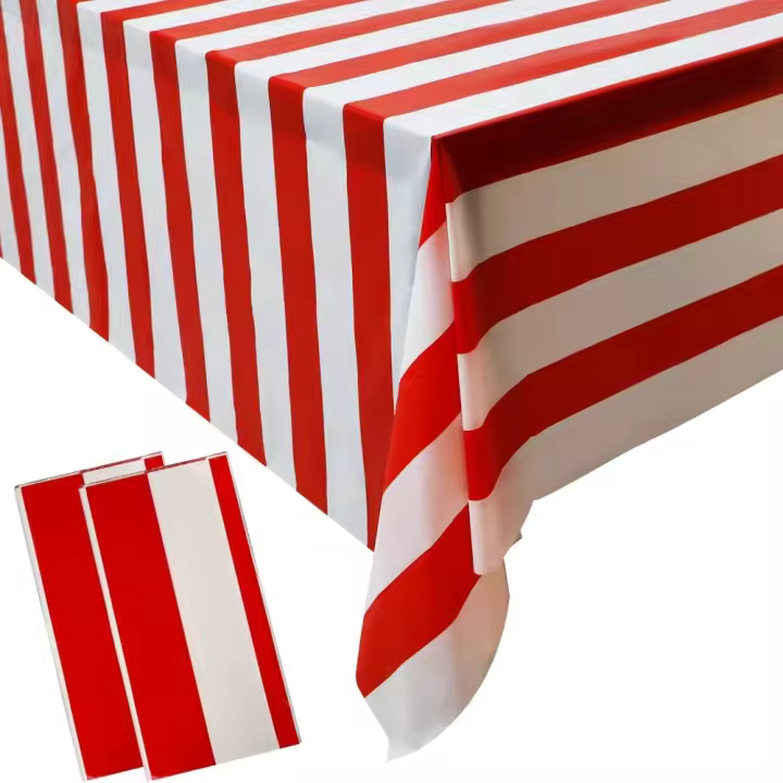 Mantel de Rayas Rojas y Blancas Impermeable Cubierta de Mesa de Circo Carnaval Inodoro para Decoración de Picnic de Fiesta 54" x 108" - 1