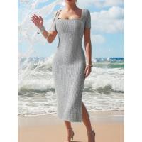 Cuello cuadrado de verano, falda de longitud media que abraza la cadera, manga corta, vestido con abertura de punto versátil - details 21