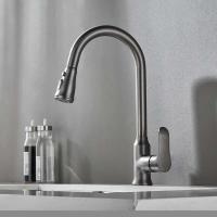 Grifo de fregadero de cascada negro gris extraíble grifo de cocina mezclador de agua giratorio de un solo orificio - details 1