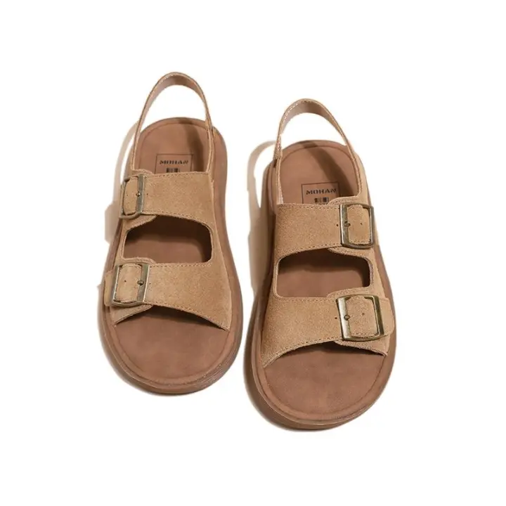 Sandalias de Tacón Grueso de Cuero Genuino para Mujer Uso al Aire Libre en Verano 2025 - 1