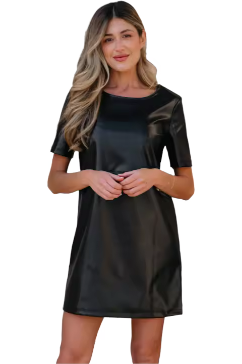 Elrachen Vestido tipo camiseta holgado de piel sintética para mujer, negro, tallas S-XL - 1