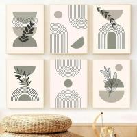 Pintura Nórdica de Lámina de Arte de Pared Bohemio Verde con Hojas de Plantas y Líneas Geométricas en Canvas para Decoración del Hogar - details 0