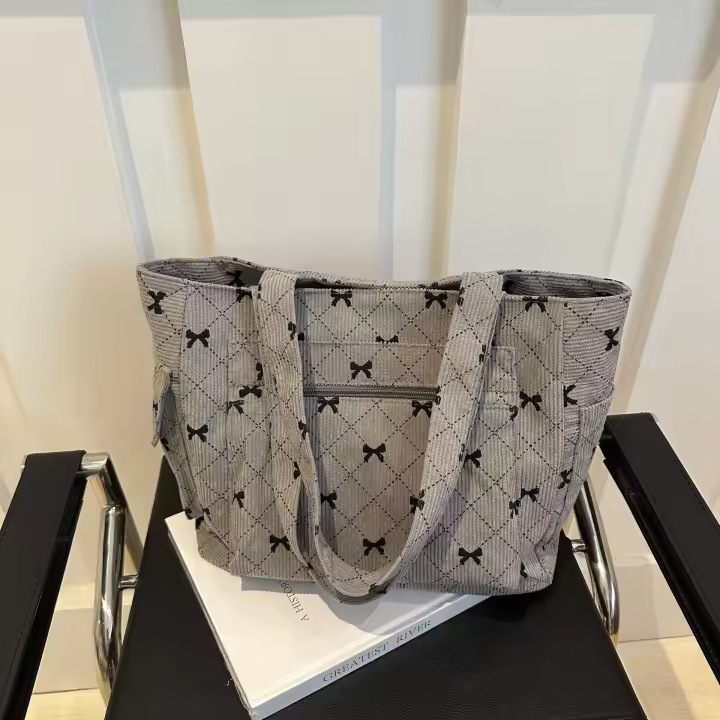 Bolso de mano de lona con patrón de lazo para mujer, bolso de hombro con múltiples bolsillos de moda para uso diario, bolso de viaje diario versátil de alta calidad, bolso para mujer, bolso - 1