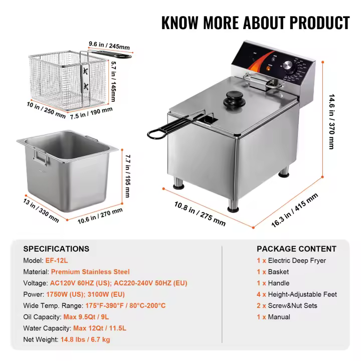 SucceBuy Freidora eléctrica para pavo, freidora de acero inoxidable con cestas, ajustable 60-200 ° C para Cocina Restaurante Café Bar - 1