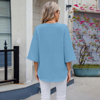 BUNO-2025 Blusa de moda con cuello en V para mujer, camisas de gasa de siete mangas con empalme de encaje, camisa holgada informal de Color sólido elegante para oficina, novedad de 20252 - details 12