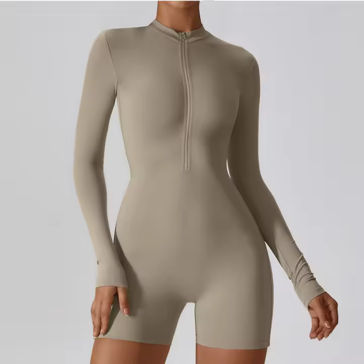 Mono deportivo de manga larga con cremallera frontal para mujer, mono con control de barriga, pantalones cortos de yoga, mono deportivo de una pieza - 1