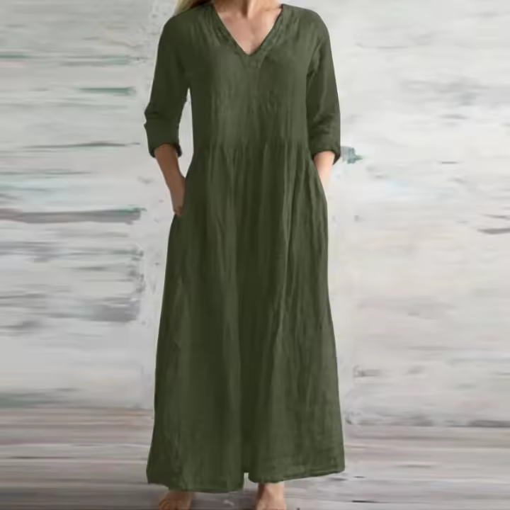 Vestidos sueltos de algodón de lino, novedad de primavera y otoño de 2024, vestido informal de media manga larga con cuello en V, vestido de estilo sencillo para mujer - 1