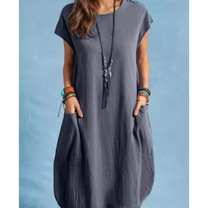 Vestido holgado de algodón y lino con bolsillo de color liso para primavera y verano - 1