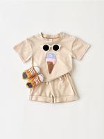 Conjunto de camiseta de verano con parche de helado para niño, versión coreana, conjunto de dos piezas con top de cuello redondo de algodón para bebé - details 1