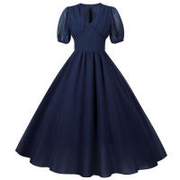 Vestido de fiesta largo vintage elegante de gasa de manga corta con farol liso de verano con cuello en V para mujer - details 17