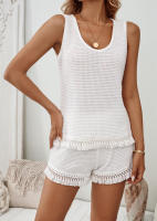 Conjunto casual de chaleco y pantalones cortos con borlas para el hogar, talla grande - details 8