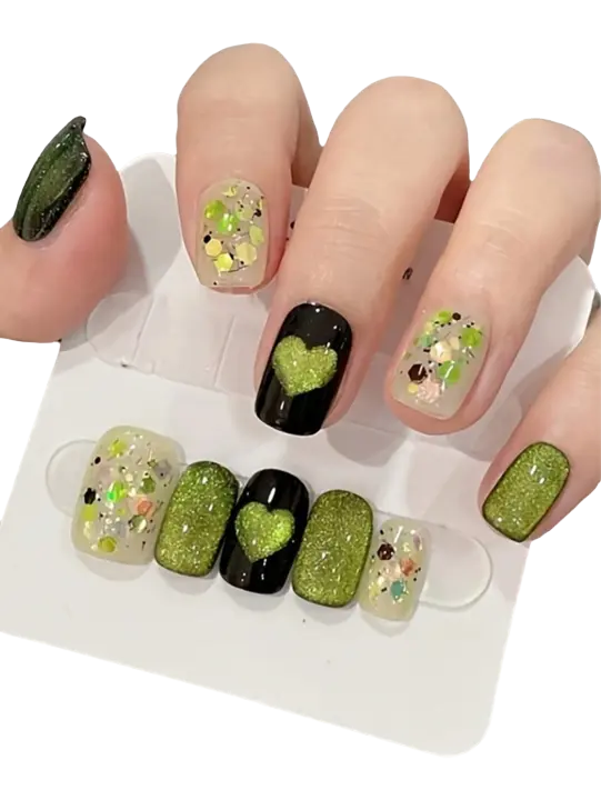 10pcs Uñas Postizas Verdes y Multicoloras Hechas a Mano Estilo Y2K Resina - 1