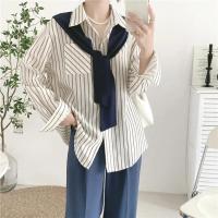 Camisa de mujer de dos piezas falsa estilo Maillard de otoño, chal tejido marrón, camisa con Raya Vertical en la espalda, blusa, camisa de mujer de estilo francés - details 2