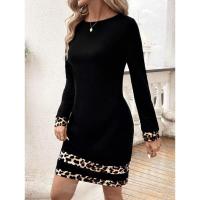 Vestido de mujer con estampado de leopardo, manga larga para otoño invierno, vestido pequeño negro con corte acampanado y falda. - details 3