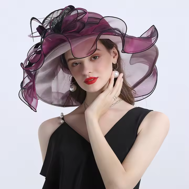 Sombreros Fedora de ala grande para mujer, sombreros de Organza blancos para el sol, flor para mujer, fiesta de boda, sombreros de Iglesia anchos - 1