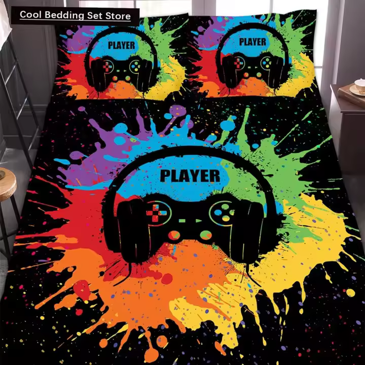 Conjunto de Riflete de Juego Rosa Tamaño Rey Patrón de Rayas Arcoíris Ropa de Cama de Juega - 1