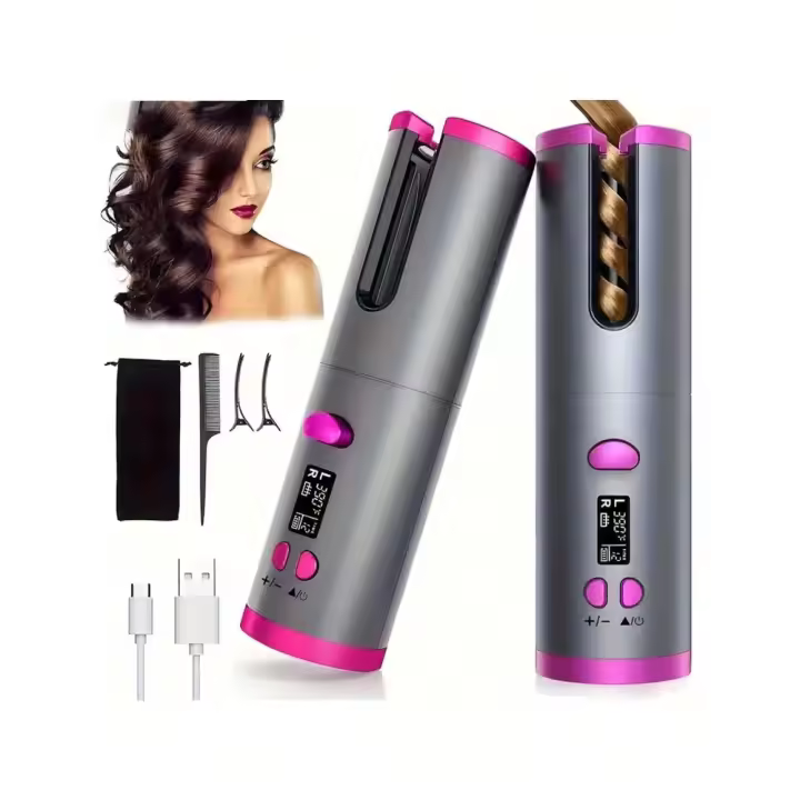 Rizador de pelo automático inalámbrico con barril giratorio de cerámica, 6 configuraciones de temperatura y temporizador, portátil y recargable, rápido H - 1