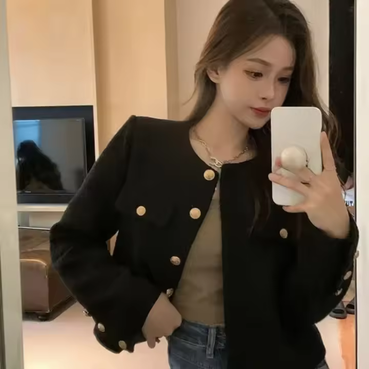 Abrigo de lana para mujer Chaqueta corta de otoño e invierno, Cárdigan de manga larga, Top de Tweed de un solo pecho, Top de lana versátil de manga larga - 1