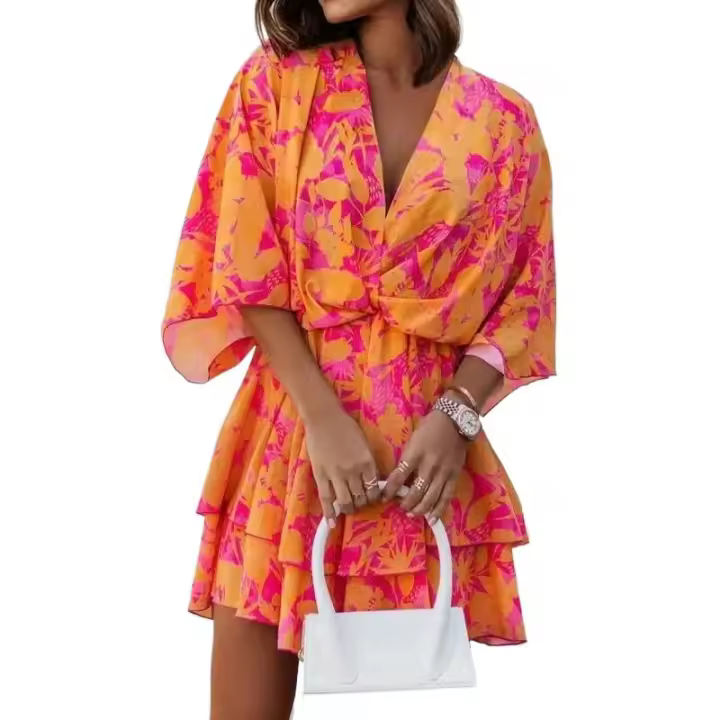 BUNO-Vestido holgado con cuello en V y manga murciélago para mujer, minivestido informal con volantes y corte en A, ropa de playa para vacaciones 2024 - 1