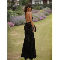 BUNO-Vestido largo sexy de encaje con cuello Halter, vestido largo con huecos y espalda descubierta para mujer, vestido ajustado para vacaciones de verano, - details 4
