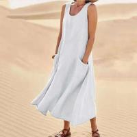 Vestido sin tirantes de lino y algodón para mujer, vestidos de colores lisos con bolsillos laterales dobles, vestido informal de verano - details 2
