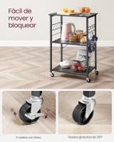 Estantería de Cocina con Ruedas, Carrito de Servicio de 3 Niveles, Estantería para Microondas, Horno, Tostadora, Marco de Metal con 6 Ganchos, Marrón Rústico y Negro KKS60XV1 - details 14
