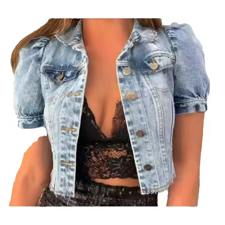 Chaquetas cortas con agujeros cortados por el viento, mangas de burbuja, chaquetas vaqueras pequeñas, tops - 1