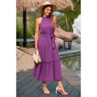 Vestido estilo bohemio mujer verano con cinturón，Sin mangas halter Dobladillo con volantes - details 10