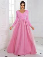 Elegante Vestido de Terciopelo con Lentejuelas Cuello en V, Manga Larga, Red de Cetín, Azul Cielo y Rosa, Perfecto para Fiestas - details 16