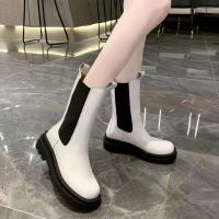 Botas cortas de cuero con punta redonda para mujer, suela gruesa de cuero al tobillo, zapatos de mujer de longitud media a larga, otoño e invierno - details 5