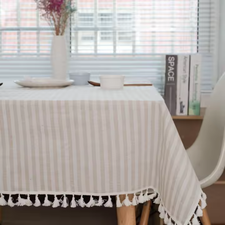 Mantel rectangular de lino con aspecto de rayas y borlas, lavable, resistente al fuego, antimanchas, fácil de cuidar, para interior, exterior, jardín, coque, fiestas y celebraciones, tamaño beige: 100x140 cm - 1