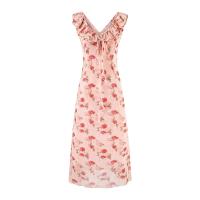 Vestido largo de gasa estampado con volantes, escote en V doble, estilo chaleco, cola de pez y falda paraguas, para vacaciones francesas. - details 1