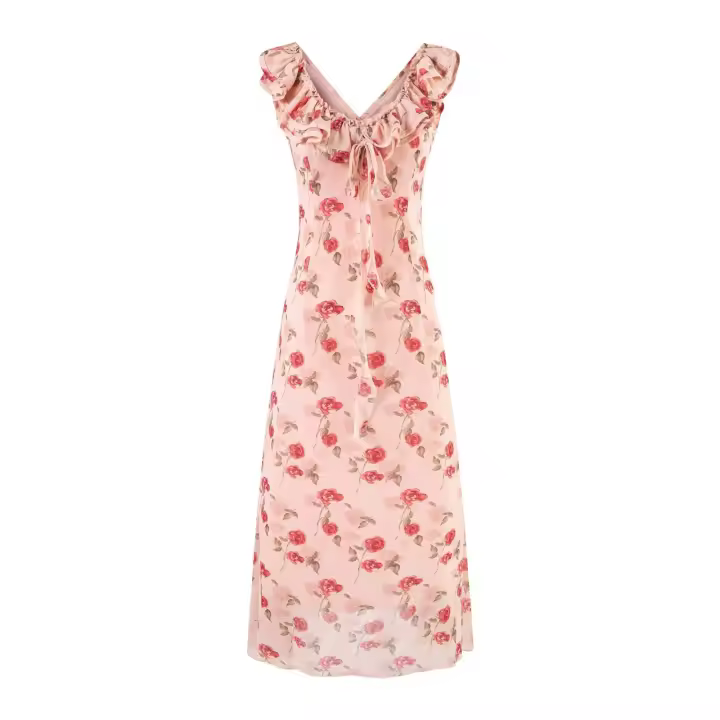 Vestido largo de gasa estampado con volantes, escote en V doble, estilo chaleco, cola de pez y falda paraguas, para vacaciones francesas. - 1