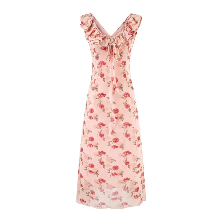 Vestido largo de gasa estampado con volantes, escote en V doble, estilo chaleco, cola de pez y falda paraguas, para vacaciones francesas. - 1