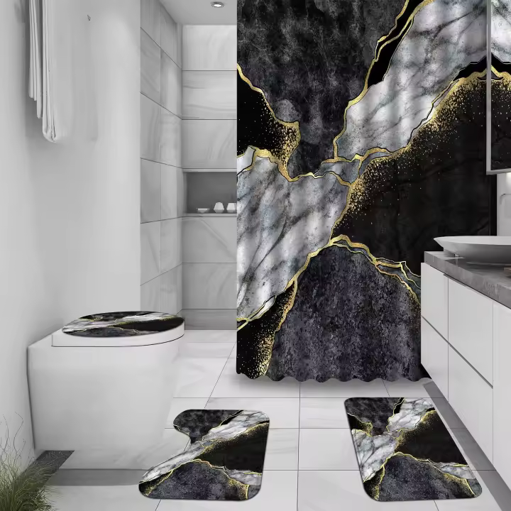 Cortina de 180x180 cm, Moderno Lujo Ligero Gris Negro Oro Marmol Óptica Textura Lavables Cortina Baño Textil Impermeable Antimoho Cortina Ducha para Bañera - 1