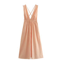 OUWU- 2025 Mujeres Verano Vestido Sin Mangas Moda Dulce Sólido Cuello En V Cintura Elástica Nylon Mujer Elegante Vestidos De Calle Ropa - details 0
