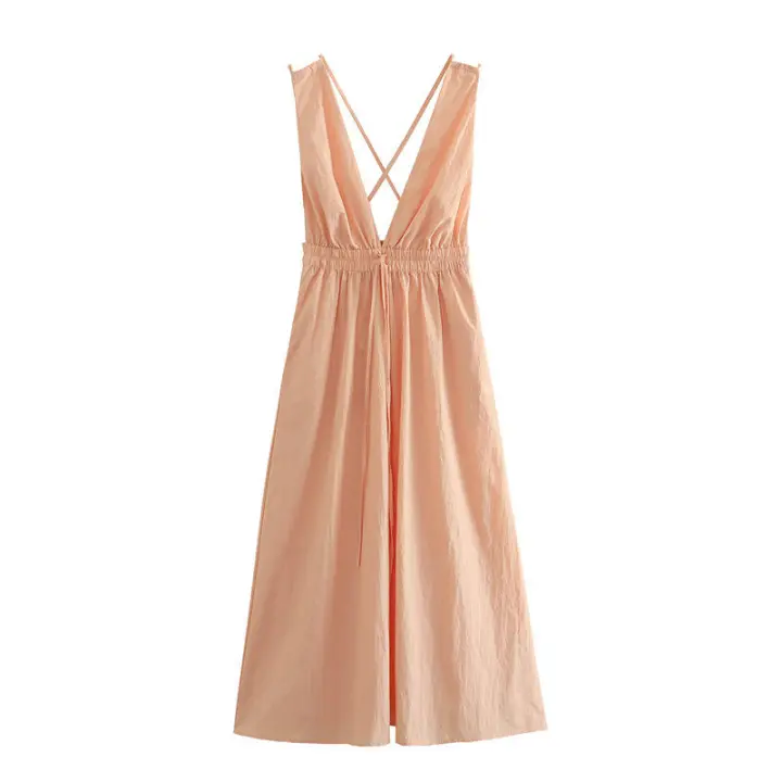 OUWU- 2025 Mujeres Verano Vestido Sin Mangas Moda Dulce Sólido Cuello En V Cintura Elástica Nylon Mujer Elegante Vestidos De Calle Ropa - 1
