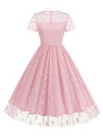 Elegante Vestido Largo con Cinturón de Polka Dot Vintage Manga Corta, Cuello Redondo, Faldas Plisadas para Mujeres en la Moda Retro para Fiestas Nocturnas - details 8